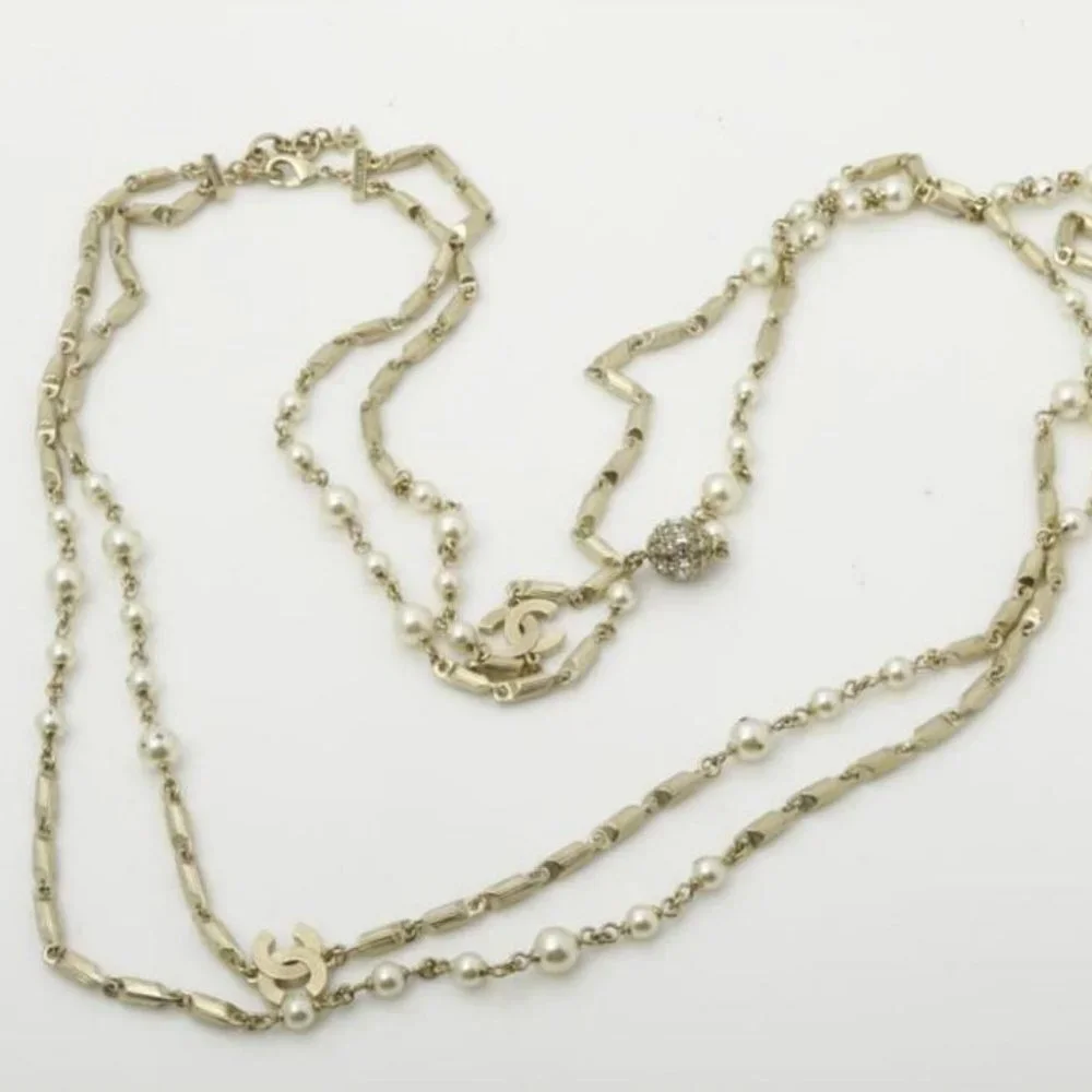 Chanel A16A Champagne CC Pearl Crystal Necklace